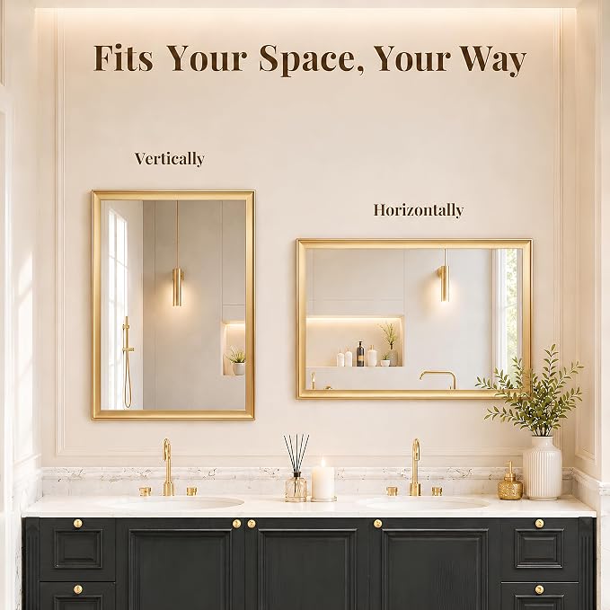2 Pack 22 x 30 Inch Brush Gold Bathroom Mirror for Over Sink | Curved Aluminum Frame Rectangular Vanity Mirror, HD Tempered Glass, Rust-Resistant Wall Mirror for Bedroom & Entryway