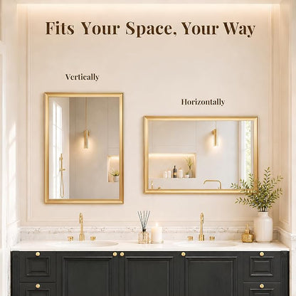 Brushed Gold Bathroom Mirrors for Over Sink 22x30 Inch | Inner Arc Aluminum Frame Rectangle Vanity Mirror for Bedroom Entryway, HD Tempered Glass, Anti-Rust, Horizontal or Vertical