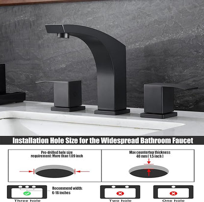 3 Hole Bathroom Faucet Matte Black, 2 Handle 8 inch Widespread Bathroom Sink Faucet with Pop Up Drain and cUPC Supply Hose, Black Bathroom Vanity Faucet 3 Hole WI37151BK