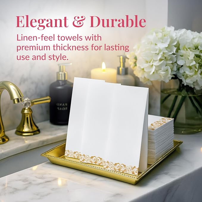 Prestee 200 Pack Disposable Paper Guest Towels for Bathroom, 2-Ply - Elegant Linen Feel Paper Napkins - Absorbent Decorative Guest Towels for Bathroom, Wedding, and Party Use - (White and Gold)
