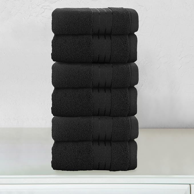 Elegant Comfort Premium Turkish Cotton 6 Pack Washcloths Set - 13 x 13 inch, Luxurious Hotel Spa Quality 100% Turkish Cotton 6PC Washcloth Set - Highly Absorbent - Soft Bathroom Towels, Black