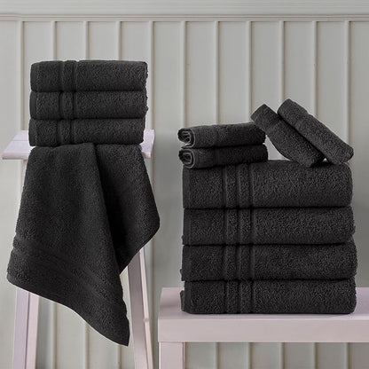 Black 6 Pack Bath Towels Sets Linen for Bathroom Original Turkish Cotton Soft, Absorbent and Premium 2 Bath, 2 Hand, 2 Washcloths