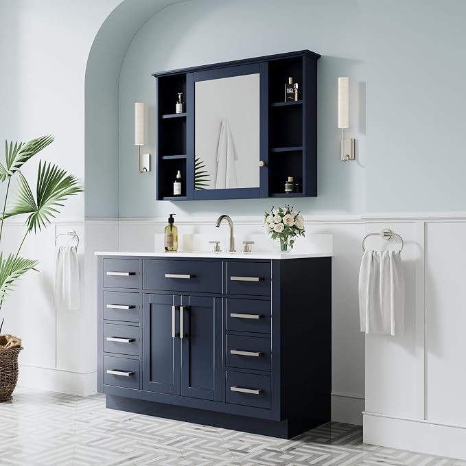 48-Inch Bathroom Vanity with Sink W/ 2 Doors & 8 Drawers & 1 Flip Drawer, Navy Blue Vanity W/Brushed Nickel Handles