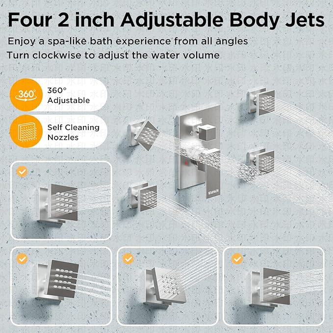 Rainfall Shower System with 4 Body Spray Jets, STARBATH 4 Way 12 + 6"Rainfall Shower Head with Handheld Combo, Shower Jets System High Pressure Shower Faucet Set, Brushed Nickel
