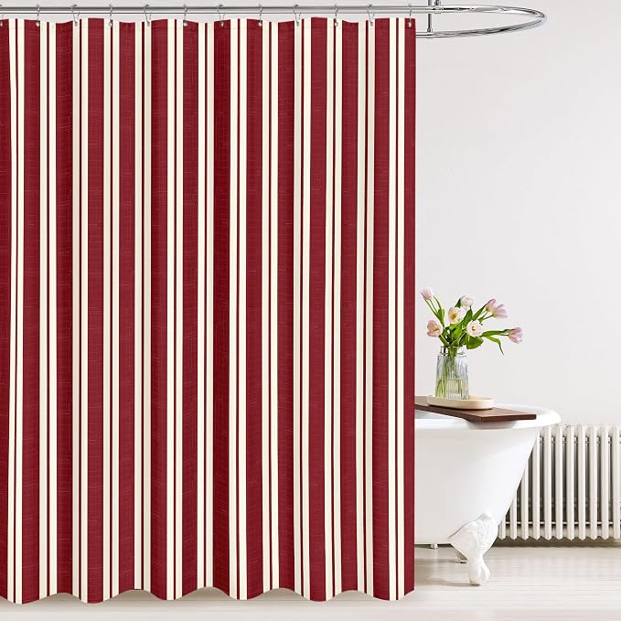Tititex Cute Candy Cane Striped 140gsm Faux Linen Fabric Shower Curtain, Elegant Classic Burgundy Red Shower Curtain Sets Decoration 72x72 Inch with Hooks