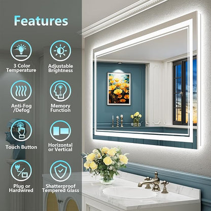 55x30 LED Bathroom Mirror, Backlit & Front Lit Lighted Mirror | Anti-Fog Vanity Mirror with Lights, 3 Color Dimmable, Memory, Shatterproof, Tempered Glass, CRI95, UL Listed, Wall Mounted