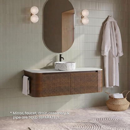 48" Preassembled Floating Bathroom Vanity with Carrara Finish Sink, Walnut | Mid-Century Modern Style, Fluted & Soft-Close Drawer with U-shaped Wall, Sinterted Stone Countertop, Towel Rack Included