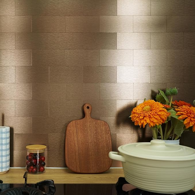 Vamos Tile 100-Piece Peel and Stick Backsplash Seamless Tile,3''x6'' Brushed Rose Gold Metal Subway Tile,Stick on Backsplash for Kitchen/Bathroom/Laundry Room