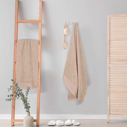 GLAMBURG 100% Cotton 2 Pack Oversized Bath Towel Set 28x55 Inches, Ultra Soft Highly Absorbant Compact Quickdry & Lightweight Large Bath Towels, Ideal for Gym Travel Camp Pool - Tan
