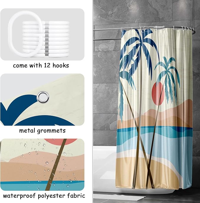 Beach Shower Curtain, Summer Boho Tropical Palm Tree Sunset Mid Century Abstract Modern Bathroom Decor, Waterproof Fabric Polyester Bathroom Curtain with 12 Hooks 72x72 in