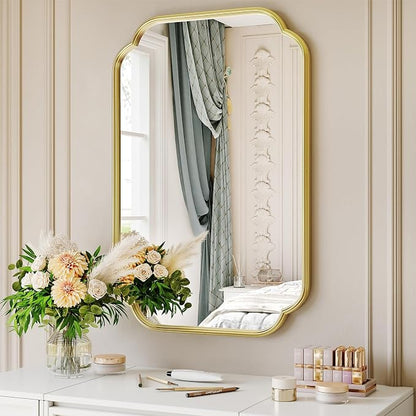 Gold Bathroom Scalloped Mirror, 20” x 30”Rounded Corner Rectangle Wall Mirrors with Metal Frame, Modern Vanity Mirror for Over Sink, Living Room, Bedroom, Horizontal or Vertical