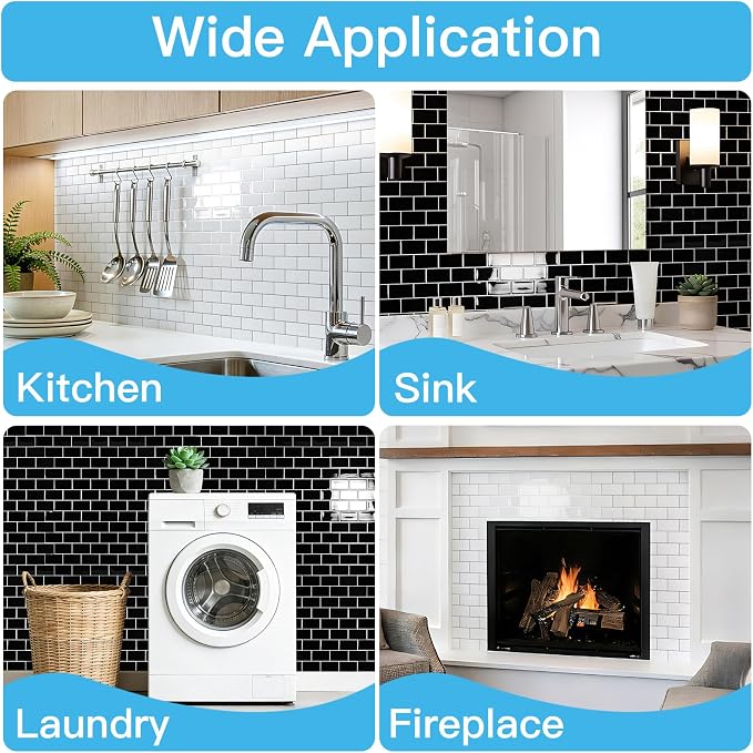 Art3d 10-Pack Subway Peel and Stick Backsplash, Black with Silver Grout | 12 x 12 Inch, Thickened Design, No Warping, Durable, Self-Adhesive, for Kitchen, Bedroom Decor, Ideal for New Home Buyers