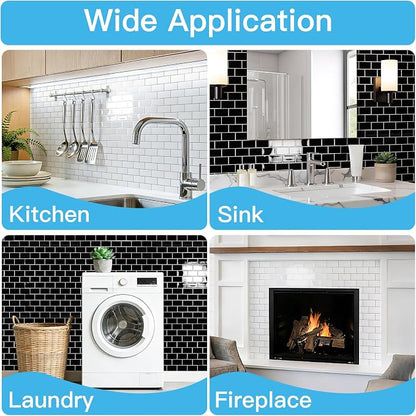Art3d 10-Pack Subway Peel and Stick Backsplash, Black with Silver Grout | 12 x 12 Inch, Thickened Design, No Warping, Durable, Self-Adhesive, for Kitchen, Bedroom Decor, Ideal for New Home Buyers