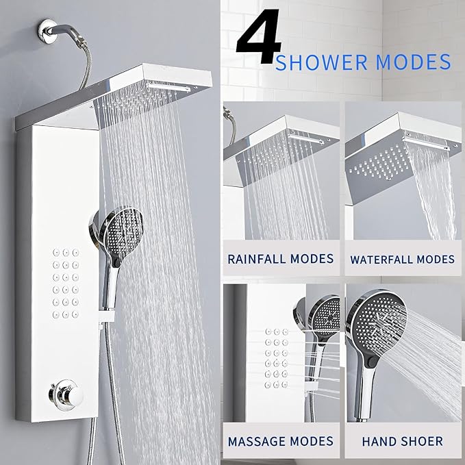 Shower Panel Tower System,Rain Shower Head Rainfall Waterfall Shower,Handheld High Pressure Rain Massage System(Brushed Silver)