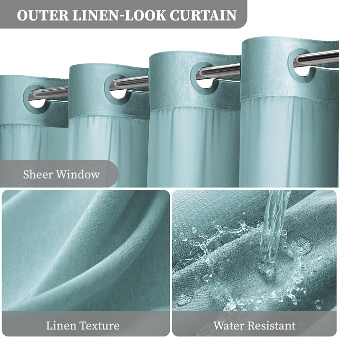 Teal Ringless Linen Textured Shower Curtain with Snap in Liner, 72x75 | 3 in 1 Hotel Shower Curtain Set, Removable Liner, Waterproof & Washable, Mesh Top Window, Durable Fabric, Easy to Install
