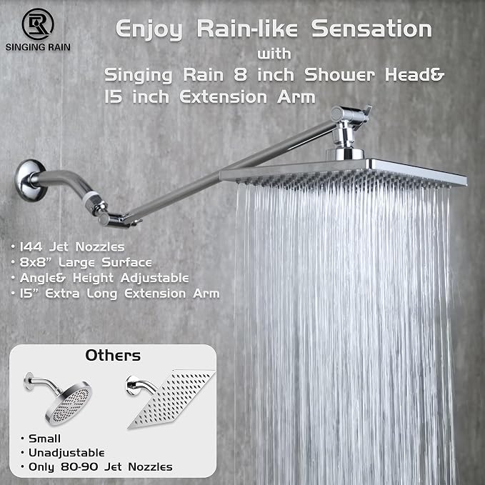 Rain Shower Head, 8'' High Pressure Rainfall Square Showerhead with 15'' Shower Head Extension Arm, 304 Stainless Steel Adjustable Shower Arm Extender, Rainfall Waterfall Fixed Showerheads, Chrome
