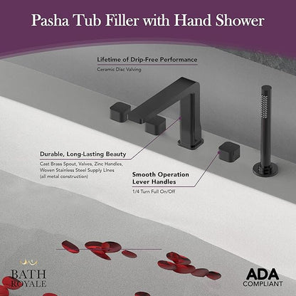 Bath Royale Pasha Modern Tub Faucet and Filler with Hand Shower, All Metal, Brushed Gold
