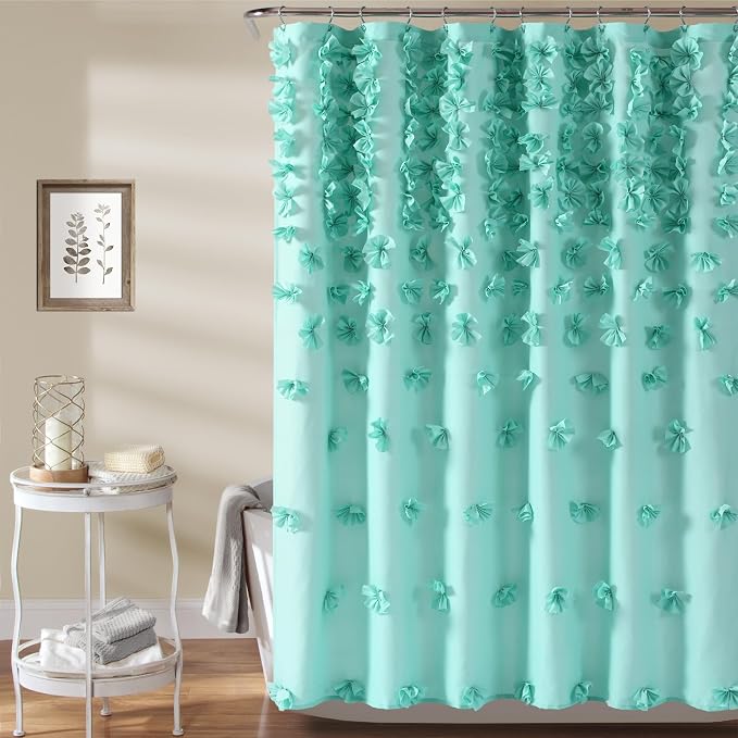 Lush Decor Riley Shower Curtain, 72" W x 72" L, Aqua - Bathroom Curtain - Coquette Decor - Bow Shower Curtains - Cottage Core - Fabric Shower Curtains