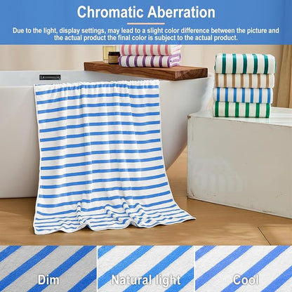 JML Microfiber Beach Towels Set, 6 Pack, 27" x 55", Cabana Stripe Blue | Haning Loop, Soft, Absorbent, Quick Dry, Use for Bathroom, Swimming Pool