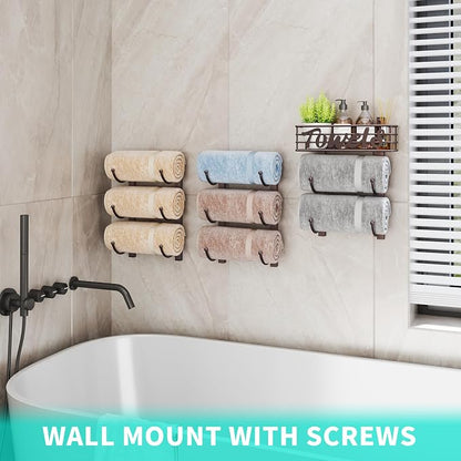 HapiRm Towel Racks for Bathroom Storage - 9 Tier Over The Door & Wall Mount Rolled Towel Storage Organizer Holder with Metal Shelf Basket for Small Bathroom, Camper, Rv - Bronze, Patented