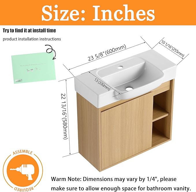 24" Wall-Mounted Bathroom Vanity with Ceramic Sink, 24 inch Floating Single Sink Vanity Cabinet Modern Brown 1-Door Design with Storage Shelf (Space-Saving for Small Bathrooms), Light-Oak