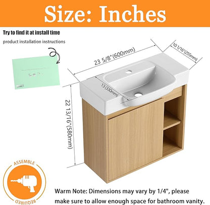 24" Wall-Mounted Bathroom Vanity with Ceramic Sink, 24 inch Floating Single Sink Vanity Cabinet Modern Brown 1-Door Design with Storage Shelf (Space-Saving for Small Bathrooms), Light-Oak