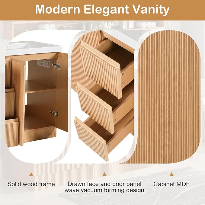 60 Inch Double Bathroom Vanity with Double Sinks, Soft Closing Doors and Drawers, Solid Wood Frame & MDF Modern Fluted Bathroom Sink Cabinet, Freestanding,Natural Wood