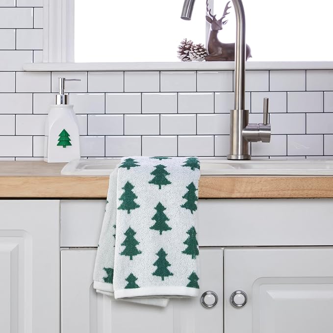 SKL Home Christmas/Winter Holiday Trees Hand Towel Set-2pc, Green/White | 100% Cotton. 500 GSM. Soft & absorbent. Reversible jacquard pattern. Great for the bathroom, kitchen or bar & gifting.