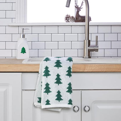 SKL Home Christmas/Winter Holiday Trees Hand Towel Set-2pc, Green/White | 100% Cotton. 500 GSM. Soft & absorbent. Reversible jacquard pattern. Great for the bathroom, kitchen or bar & gifting.
