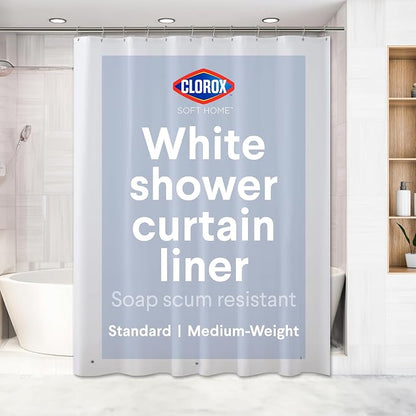Clorox Shower Curtain Liner, Premium Medium-Weight Flexible Waterproof 6g PEVA for Bathroom with Weighted Magnets, Standard Size 72" x 72", White 1 Pack