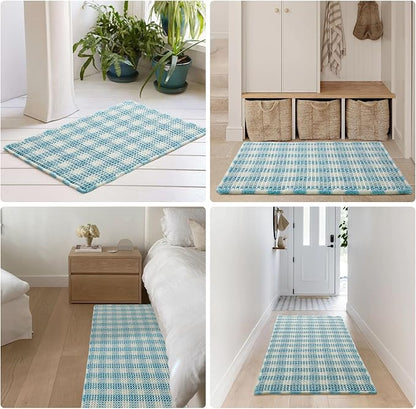 TYUU Waffle Runner Rug Bathroom, Long Cute Bath Mat, 60x24 Blue & White | Super Absorbent Quick Dry Bath Rug, Non-Slip Backing, Soft Waffle Washable Farmhouse Bathroom Mats, Tub, Shower & Home Decor