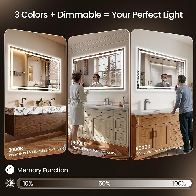 55x36 LED Bathroom Mirror with Anti-Fog, Backlit & Front Lit, Memory | Stepless Dimmable 3 Color CRI 95+ Shatterproof Tempered Glass ETL Listed for Safety Lighted Bathroom Vanity Mirror for Wall