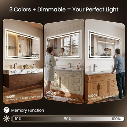 55x36 LED Bathroom Mirror with Anti-Fog, Backlit & Front Lit, Memory | Stepless Dimmable 3 Color CRI 95+ Shatterproof Tempered Glass ETL Listed for Safety Lighted Bathroom Vanity Mirror for Wall