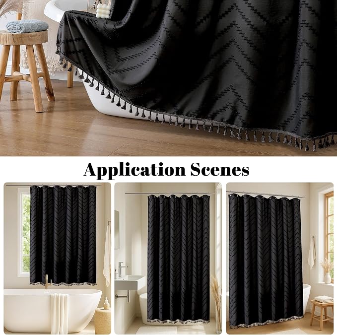 Boho Shower Curtain, Black Fabric Cloth Shower Curtains Farmhouse Tufted Chevron Striped Textured with Tassel for Bathroom, Soft Hotel Style Modern Minimalist, Machine Washable, 72x72, Black