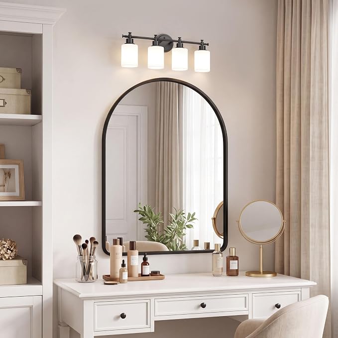4 Light Bathroom Vanity Light Fixture Over Mirror, Black, 23'' | Vanity Lights for Bathroom, Bedroom, Living Room, White Frosted Glass Shades, Modern, E26(Bulbs Not Included)