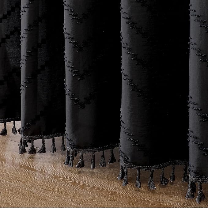 Black Fabric Shower Curtain, Boho Shower Curtains for Bathroom Chic Tufted Chevron Striped Textured with Tassel, Soft Hotel Style Farmhouse, Machine Washable, 72x78, Black