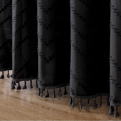 Black Fabric Shower Curtain, Boho Shower Curtains for Bathroom Chic Tufted Chevron Striped Textured with Tassel, Soft Hotel Style Farmhouse, Machine Washable, 72x78, Black
