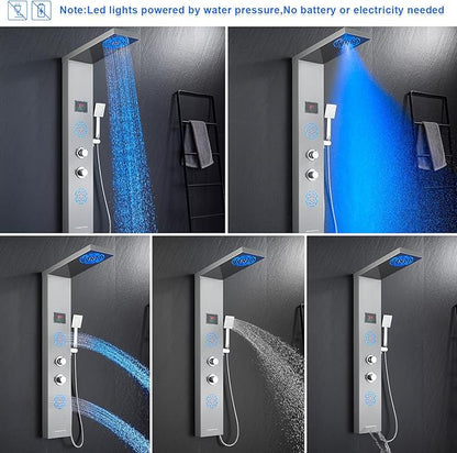POPFLY Shower Panel Tower with LED Mist Shower Rainfall Head ＆ 2 Body Jets with LED, Tub Spout and Temperature Display, No Battery Needed Shower Tower Column System, Brushed