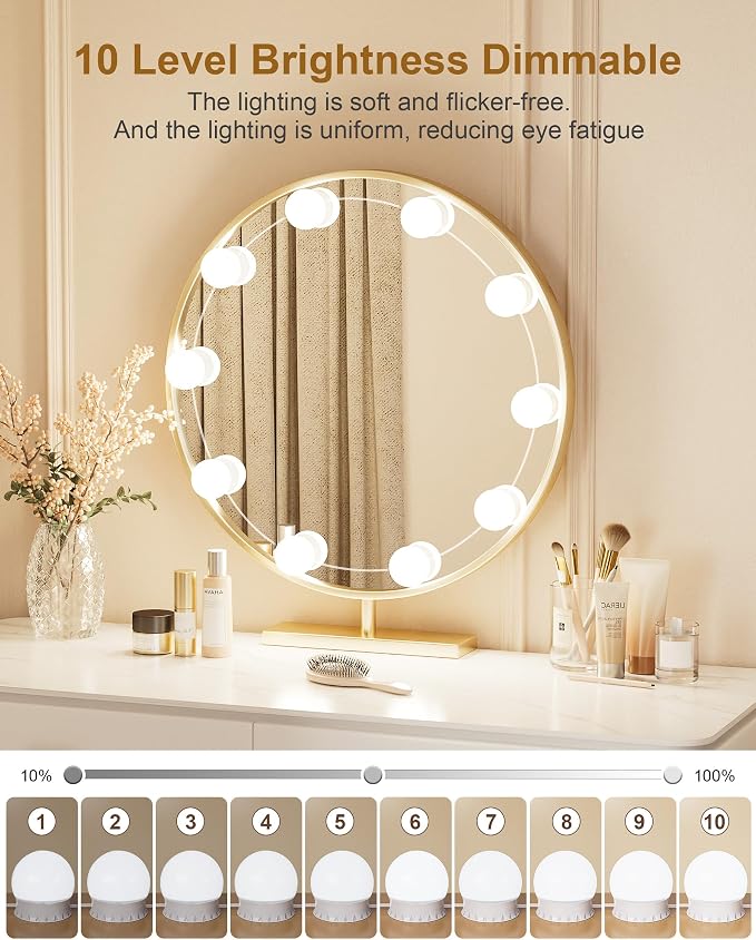 10 Bulbs LED Vanity Lights for Mirror, 3000K 4000K 6500K & 10-Brightness, Wire Length Adjustable, USB Cable, Hollywood Mirror Lights for Makeup Dressing Room Bathroom, White