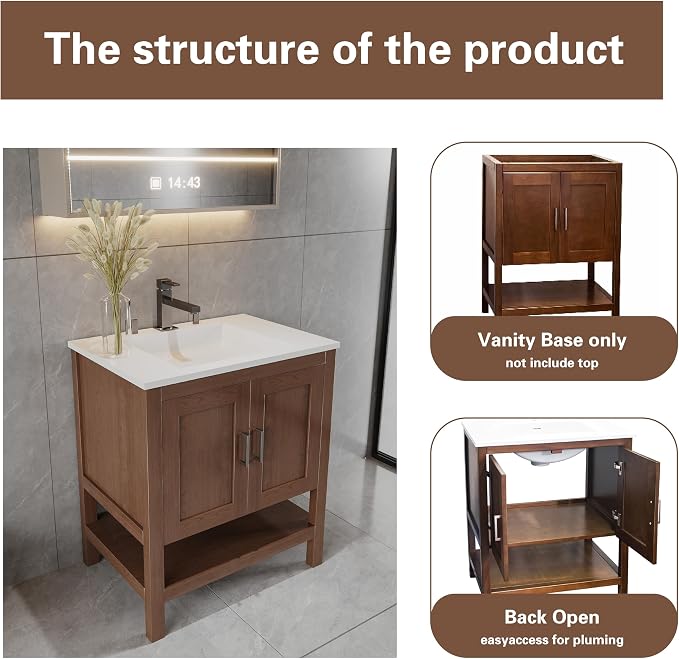 36" Natural Wood Bathroom Vanity Base Only – Freestanding Solid Wood Sink Cabinet with Open Shelf, Shaker Style Storage, No Top or Sink, 36" W x 21" D x 34.5" H