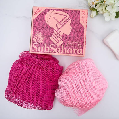 Authentic African Net Sponge, 2 Pack 45-Inch Exfoliating Bath Sponge and Shower Loofah for Body and Back, Colorfast Quick-Dry Knotted Mesh Scrubber with Travel Pouch (Dark Pink & Light Pink)