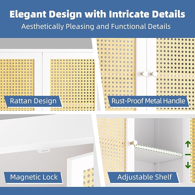 HITNET Rattan Wall Cabinet, Bathroom Hanging Storage Cupboard Over The Toilet, Space Saving Medicine Cabinet with Adjustable Shelf, White