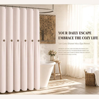 Farmhouse Shower Curtain Button Pink Stripe 72" W x 72" L | Farmhouse Style, Chic Button, Striped, Cotton Fabric, Rustic, Country, Natural Look, Washable, for Bathroom Bathtub