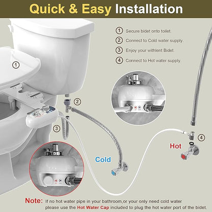 Bidet Attachment for Toilet Warm Water Left - Hot and Cold Self-Cleaning, Dual Nozzle, Non-Electric Bidet Attachment for Toilet Seat, Adjustable Water Pressure, Rear and Feminine Wash, Lever Control