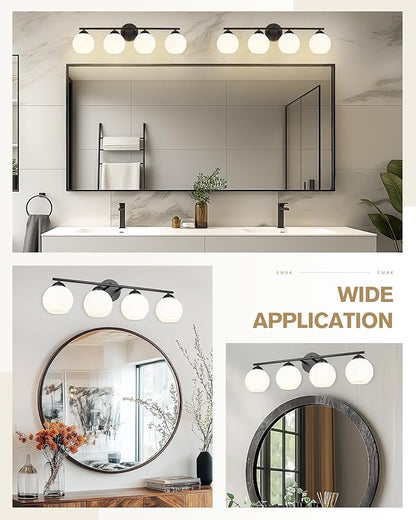 Emak 29 Inch Black Vanity Light with Milk Glass Shade, Farmhouse Globe Bathroom Light Fixtures Over Mirror, Modern 4-Light Bathroom Vanity Light, VL114-BK-ML-4