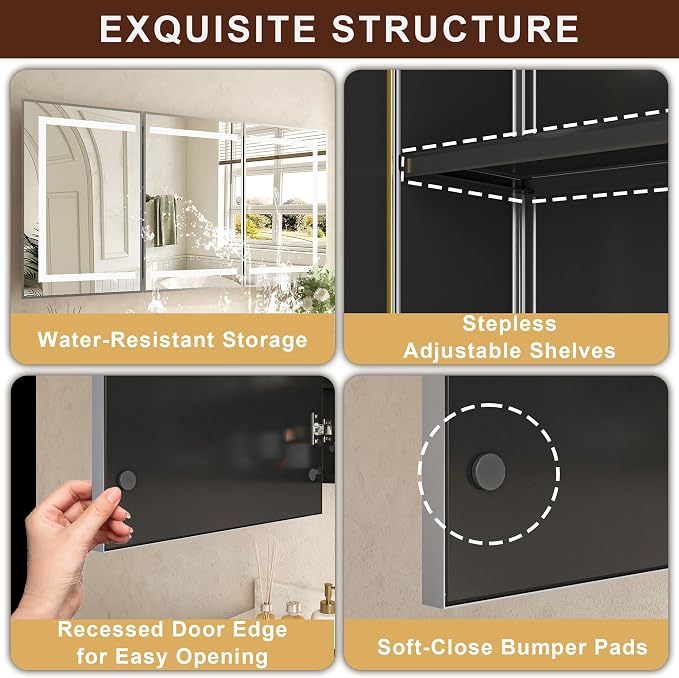 60 x 32 Inch LED Medicine Cabinet with Mirror, Recessed or Surface Mount, Soft Close Hinges, Adjustable Shelves, Silver