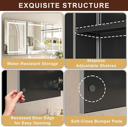 60 x 32 Inch LED Medicine Cabinet with Mirror, Recessed or Surface Mount, Soft Close Hinges, Adjustable Shelves, Silver