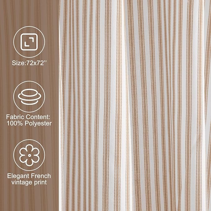 Mindsoft Stripe Cotton Toile Shower Curtain Ticking Stripes Woven Print Curtain Bathroom Decor for Traditional Contemporary Style Kitchen Bath (Brown and White,72 x 72 Inches,Stripe& Bow Knot Ties)