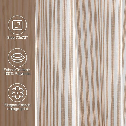 Mindsoft Stripe Cotton Toile Shower Curtain Ticking Stripes Woven Print Curtain Bathroom Decor for Traditional Contemporary Style Kitchen Bath (Brown and White,72 x 72 Inches,Stripe& Bow Knot Ties)