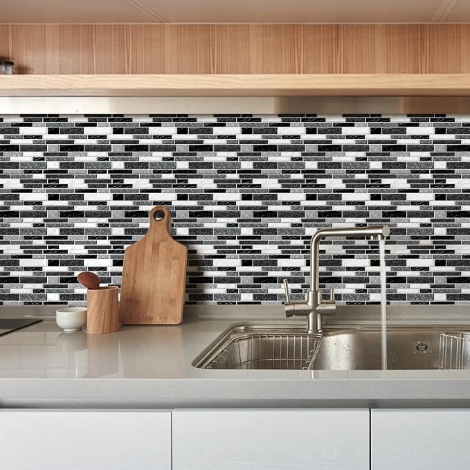 10 Sheets Peel and Stick Backsplash, Peel and Stick Wall Tiles, Marble Look Tiles Backsplash for Kitchen and Bathroom, Livingroom, 12”x12”,Black&White